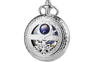 TREEWETO Men's Mechanical Pocket Watch Sun and Moon Skeleton Roman Numerals Pocket Watches with Chain for Men