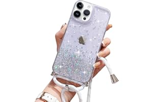 Wirvyuer Handykette Hülle für iPhone 15 Pro Handyhülle mit Kordel Glitzer Schutzhülle mit Band zum Umhängen Halskette Silikon Case mit Schnur für iPhone 15 Pro Transparent