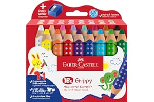 FABER-CASTELL 110645 Grippy zestaw 16 kredek Jumbo dla małych dzieci, łatwe do zmywania kredki dla dzieci, ergonomiczny trójkątny kształt, grube kredki, wkład o grubości 10 mm, temperówka w zestawie