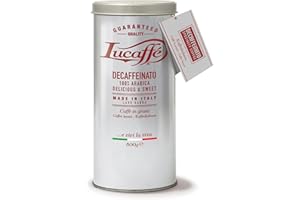 LUCAFFÉ Lucaffè - Barattolo Caffè in Grani Decaffeinato 500 Gr | Caffè in Chicchi Interi da macinare per Espresso senza caffeina | Tostatura Scura | Gusto Dolce e Fruttato, Cremoso | Aroma Intenso