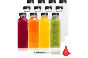 YBCPACK Pack of 12 500 ml Plastic Juice Bottles for Filling, Reusable Empty Smoothie Bottle with Cleaning Brush and Silicone Funnel, Ideal for Mini Fridge and Juicer Shots