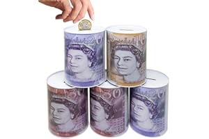 BARGAINS-GALORE Set Of 5 Pound Note Design Money Tin - Piggy Bank Box Savings Coins Cash Change | Sterling Money Pot Tinplate Saving Money Box | £5 £10 £50 £20 Size 15cm x 10cm