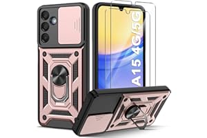 Guisessy für Samsung Galaxy A15 5G / 4G Hülle, für Samsung A15 Handyhülle Kameraschutz Slide Camera und 2 Stück Schutzfolie, Drehbarer Fingerring Ständer Militärqualität Schutzhülle - Roségold