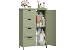 VASAGLE Bathroom Floor Storage Cabinet, Bathroom Storage Unit with 4 Drawers, Bathroom Cabinet Freestanding, with 1 Door, Adjustable Shelf, 30 x 55 x 82 cm, Laurel Green LHC041C02