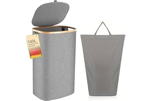 EYELEAF Wäschekorb -100L Waschbarer und hygienischer Groß Wäschesammler schmal mit herausnehmbarem Wäschesack-Wäschekorb mit Deckel & Bambusrand - Wäscheboxen - waschkorb (Grau)