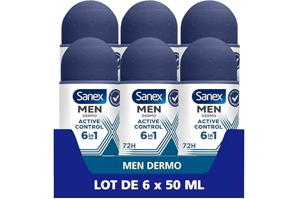 SANEX - Dermo Men Active Control 72 h Anti-transpirant homme – protection puissante contre la transpiration et les odeurs – sensation immédiate de peau nourrie – ne contient pas d’alcool - lot 6x50 ml