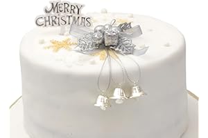 CAKE FACTORY Cake Decoration Set Silver Holly & Bells With Merry Christmas Sign Motto Party Accessories (Silver)