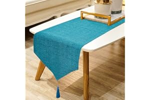 WAITER TREE Faux Linen Table runner with Tassel for Dressing Dining table Coffee Table and Bed Decoration (Lake Blue,35 x 300 cm)