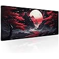 Black Red Japanese Mouse Pad XL Moon Sakura Cherry BLoosm Tree Extended Table Mat 80X30 cm Non-Slip Rubber Base Stitched Edge Large XL Mousepad for Desk Gaming Laptop Desk Top,31.5×11.8 Inch