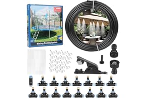 Geila Misting Cooling System - 50 FT (15M) Misting Line + 15pcs Brass Mist Nozzles + a Faucet Connector (3/4" and 1/2") Outdoor Mister System Garden Irrigation System Kit