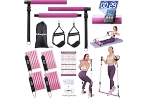 ALongSong Elastiques Musculation Barre de Pilates - 2025 Kit Fitness Maison avec 6 Bandes de Résistance Élastique 20-180Lbs & Ancrage de Porte pour Complet Entraînement Yoga/Musculation