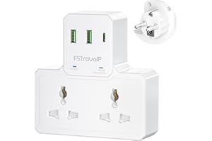 UK to European Plug Adapter with USB (2 USB A + 1 USB C), Grounded UK to Europe Travel Adapter 2 Way with 3 USB Ports, FSTravelP Travel Plug UK to EU Euro France Spain Morocco Egypt More(Type E/F)