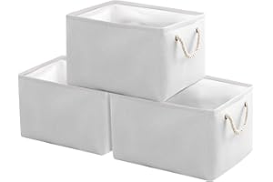 Yawinhe Foldable Storage Basket 3 Pack, Collapsible Storage Bins with Rope Handles, Wardrobe Organiser, for Sorting Clothes, Family Items, 34x22x17cm, White, SNK004WM