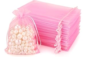 jijAcraft 100pcs Sacs Organza 10x15cm, Sachets Pochettes en Organza Sac à Bijoux avec Cordon de Serrage, pour Cadeau de Marriage Noël Bonbons (Rose)