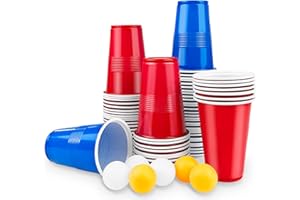 Firschoie 60 Beer Pong, Beer Pong und 6 Balles, Réutilisable Plastique Gobelets, Pong Tasses Set mit 30 Rouges et 30 Bleues, Robuste et Lavable, pour Festival