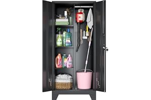 ZONLESON Metal Storage Cabinet, Garage Storage with Lock, Utility Cabinet with Pegboard and Hanging Rod, Metal Wardrobe for Garage, Home, Office, Laundry Room, School, Gym, Warehouses, Black