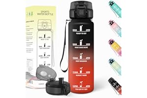 Baramumu Botella agua 1 litro, Reutilizable, Cantimplora, a Prueba de Fugas, Botella agua Gimnasio, con Marcador de Tiempo, Botellas Gym para Yoga, Oficina, Gym, Deportes, Negro-Rojo
