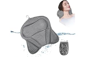 CAREXULT Badewannenkissen, 4D Atmungsaktives Wannenkissen mit 1 Duschschwamm, Badekissen Badewannen 6 Saugnäpfen Bath Whirlpool Kissen Duschkissen Nackenkissen Spa Komfort Nacken Pillow Gift (Grau)