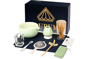 AURUM GOURMET TOOLS Aurum® Juego de Té Matcha de 10 Piezas Batidor y Tazón Boquilla Cuchara Medidora Herramientas Japonesas Té Matcha Cuenco Matcha, Batidor Bambú, Cuchara, Tamiz, Soporte Batidor Matcha Juego Batidor