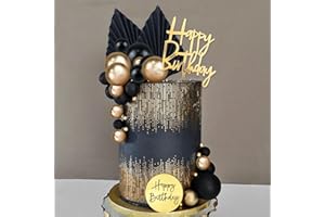 YUNHENTONG Tortendeko Kugeln 26 Stück Gold Schwarz Cake Topper Geburtstag Kugeln Kuchendeko Palmenblätter Happy Birthday DIY Geburtstagskuchen Deko für Jahrestag, Hochzeit, Valentinstag