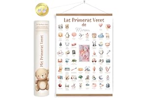 HuBorns - Poster Mis Primeras Veces para Recordar los Hitos Más Importantes de Tu Bebe, Perfecto como Regalo para Bebes Recien Nacidos, Incluye Listones de Madera para Colgar y Espacio para 1 Foto