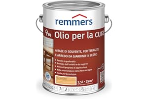 Remmers Olio curativo incolore, 2,5 litri, olio a decorativo base di solvente legno all'interno e all'esterno, idrorepellente, tonalità di colore brillanti, adatto per mobili da giardino e terrazze in legno