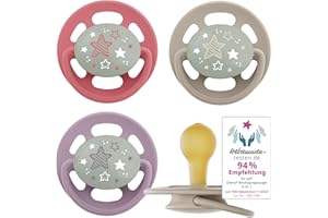 nip - Cherry Green Night | 0-6 Monate | 4er Pack | Stillfreundlicher, zahnfreundlicher Babyschnuller mit Leuchtknopf. Nachhaltiger Schnuller aus natürlichen Rohstoffen, Lila/Rot