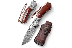 DRACHENADER Acero de Damasco de de un solo filo navaja de bolsillo con funda de cuero hermoso, cuchillo plegable al aire libre VG10 Kern mango de madera de regalo