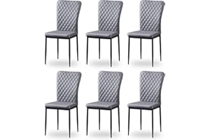 AINPECCA Grey Faux Leather Dining Chairs Set of 6 Armless High Back Upholstered Soft Seat with Black Metal Legs for Dining Room, Kitchen Room (PU Gray, 6)