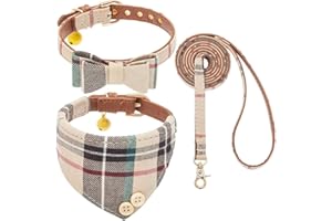 KOOLTAIL Set collare e guinzaglio per cani di piccola taglia con papillon e campane, collare e guinzaglio per cuccioli per ragazzi o ragazze con classico motivo scozzese abbinato, guinzaglio in