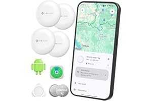 NOVOO Air Tag Tracker, Mini Bluetooth Smart Tracking Tag Compatible with Apple (iOS) & Google (Android) Find My, Loud 80dB Alarm, Replaceable Battery, GPS Tracker for Keys, Passport, Luggage (4-Pack)