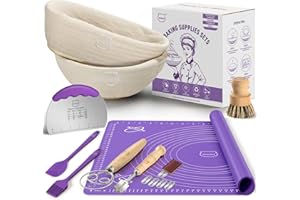 MIAOKE 16 Pièces Banneton Pour Pain – Fouet à Pâte, Lame à Pain, Paniers de Fermentation Ronds de 25,4 cm et 9 Ovales, Grattoirs à Pâte, Brosse de Cuisson, Doublures de Panier