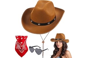 Aomig Sombrero de Cowboy, 3Pcs Sombrero Vaquero Hombre con Bandana y Gafas de Amor, Cowboy Hat Hombre Mujer, Western Cowgirl Hat para Banda Country Playa Natural Brasileño