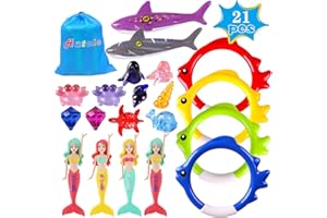 Hutato 21 PCS Swimming Diving Pool Toys for Kids - Fun Swim Games Sinking Set, Underwater Dive Gifts with Storage Bag Include Torpedo Gems Shark Rings Sea Animals for Boys Girls Adults