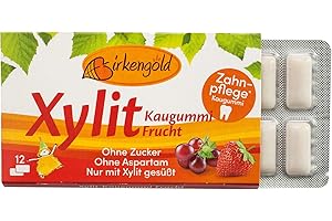 ‎BIRKENGOLD Birkengold Xylit Kaugummi Frucht , Zahnpflege-Kaugummi , zuckerfrei , hoher Xylit-Anteil 70 % , vegan , ohne Titandioxid , ohne Aspartam ,ohne Zucker