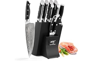 NANFANG BROTHERS Set di Coltelli da Chef Damasco, Ceppo di Coltelli in Legno di Faggio con Set di Coltelli da Cucina, Giapponese Set di Coltelli da Cucina VG10 Steel Nero