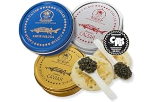 ‎SEPEHR DAD CAVIAR SEPEHR DAD CAVIAR Kaviar Set Premium I jeweils 30g Siberian Kaviar & Osietra Kaviar & Amur Beluga Kaviar I 2x Perlmuttlöffel & 1 Packung Blinis I hochwertige Kaviarsorten I Caviar-Probierset