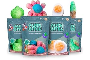 Alien Bites - Pack de 4 Bolsas de 50g de Chuches Liofilizadas - Gominolas Freeze Dried - Chuches para Cumpleaños, Regalos y Snacks - Sin Gluten (Pulpo, huevo, manzana, cola) (P1)