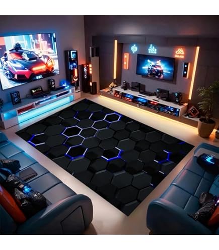 PEIHUODAN Tapis Chambre Ado 3D - Tapis Sol Gaming Imprimé Ciel étoilé Néon Graffiti & Console De Jeu - Flanelle Doux Antidérapant - pour Garçon Enfant (Vert,160x200cm