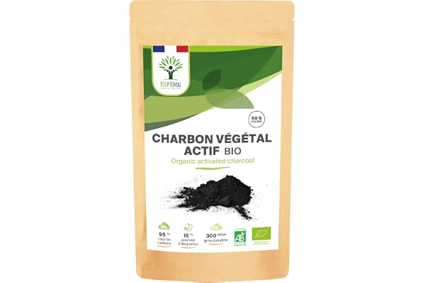 BIOPTIMAL - Charbon Végétal Actif Bio en Poudre - Digestion Santé intestinale - Ingrédient pour Pâtisserie ou Cosmétique - Dents blanches Masque - Fabrication et Origine France - 50g