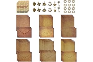 UTMACH Ensemble Enveloppes Vintage, L'ensemble de Papeterie Vintage Papier avec 24 Papier à Lettre Vintage,12pcs Enveloppes Anciennes, 12pcs Breloques Métal,12pcs Cordes de Chanvre, 2 Autocollant