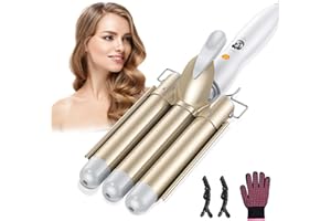 Bizcasa 3 Tubi Piastra Onde Ferro Arricciacapelli,22MM Piastra arriccia Capelli Onde Beach Waves Ferro Arricciacapelli Ceramica Capelli,Temperatura Regolabile,Con 2 Clip e un guanto (Bianco)
