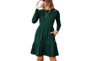 Zeagoo Damen Kleider Langarm Rundhals Herbstkleid mit Taschen Elegant Knielang Kleid Herbst Winter
