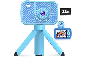 HOFIT Kinderkamera mit hochklappbarem Objektiv, Geschenke Junge, 1080P HD-Digitalkamera Kinder, 32 GB SD-Karte, Blitzlampe, Videorecorder, Kinder Kamera Spielzeug ab 3-12 Jahre Junge