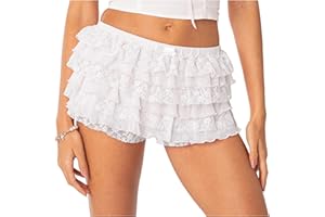 FYLOVERY Women Y2K Mini Shorts Cute Ruffle Lace Trim Layered Short Skirt Elastic Low Waist Lolita Pumpkin Pants Pleated Pettipant Bloomers