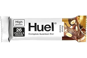 Huel Complete Nutrition Bar, 12 x 55g Bars, Peanut Caramel, High Protein Bar, Plant-Based Protein Bars, Low Sugar, High Fibre, High-Protein Snack with Vegan Chocolate, Under 210 Calories