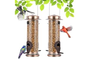 Urban Deco Vogelfutterspender mit 2 Futteröffnungen, Vogelfutterhaus mit 21,5 cm Massivem Transparentrohr, Metall Futterhaus für Vögel (Kupfer-2PK)