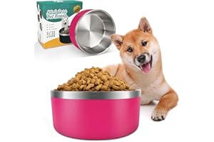IKITCHEN Gamelle pour Chien pour Nourriture et Eau, 64oz, Acier Inoxydable, Durable, antidérapante, isolée à Double paroi, Robuste avec Fond en Caoutchouc pour Chiens/Chats Moyens/Grands (1,8l/8tasses, rosé)