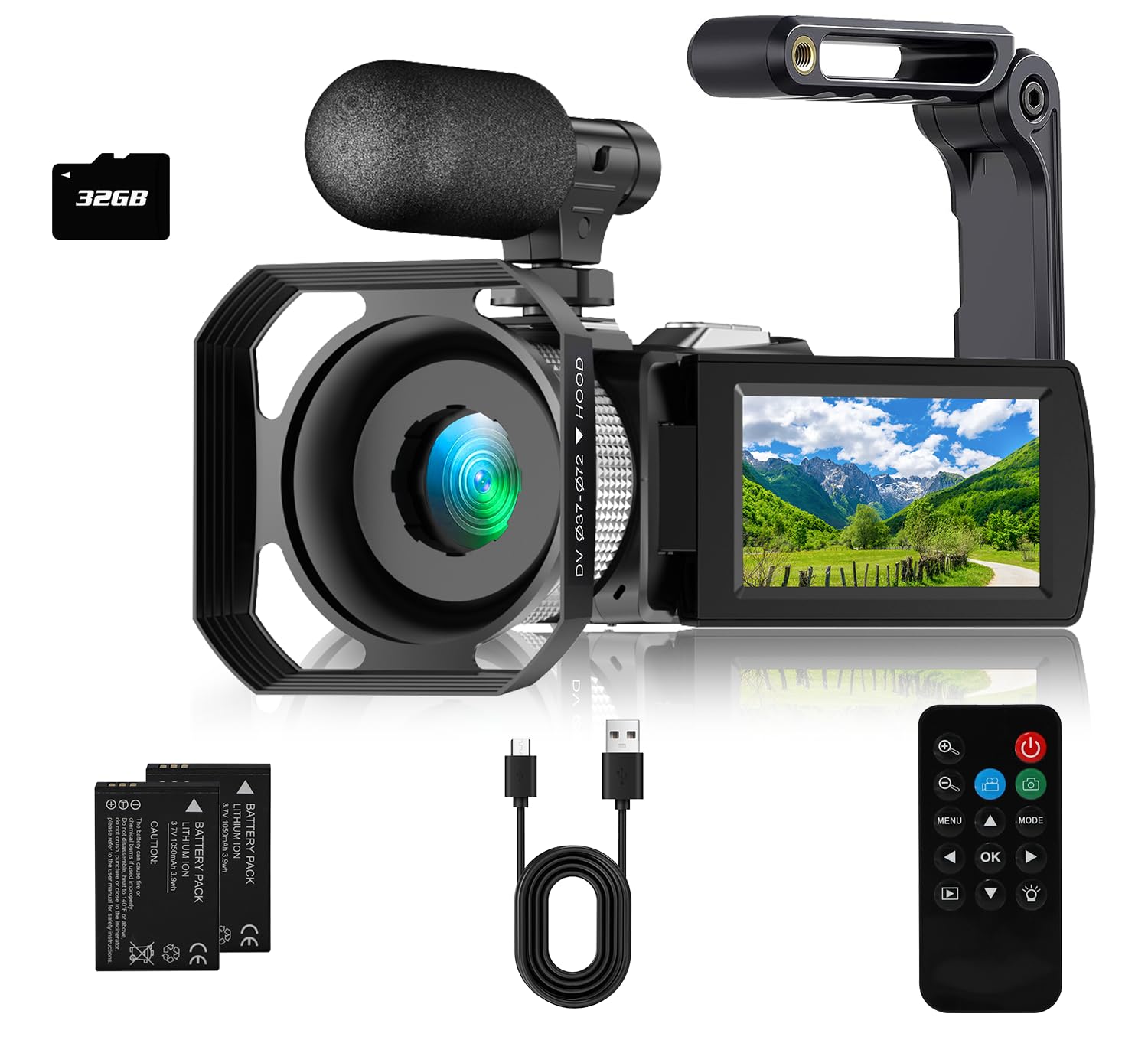 Hojocojo 4K Video Built In Camera Camcorder, HDMI Video Recorder 4K 60fps/48MP Photo/3" Large Flip-Screen/External Microphone/Lens Hood/2 Batteries/SD Card/Camera Bag,48 Megapixels, Black