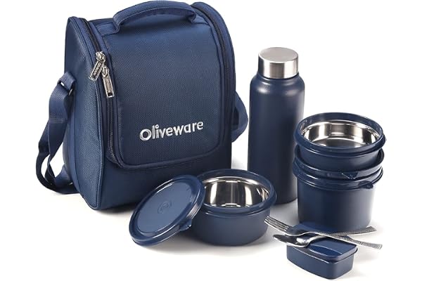 SOPL-OLIVEWARE Teso Pro Lunch Box with Cutlery, 3 Microwave Safe Inside Containers with BPA Free Lids(290ml, 450ml & 600ml), Plastic Pickle Box(130ml), Steel Water Bottle(750ml) - Blue